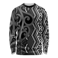 Maori Taniko Patterns Long Sleeve Shirt Black Patiki Motifs Mix Whakairo Ngaru