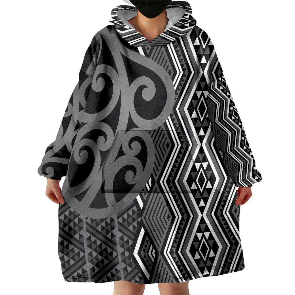 Maori Taniko Patterns Wearable Blanket Hoodie Black Patiki Motifs Mix Whakairo Ngaru