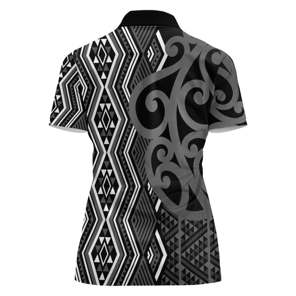 Maori Taniko Patterns Women Polo Shirt Black Patiki Motifs Mix Whakairo Ngaru