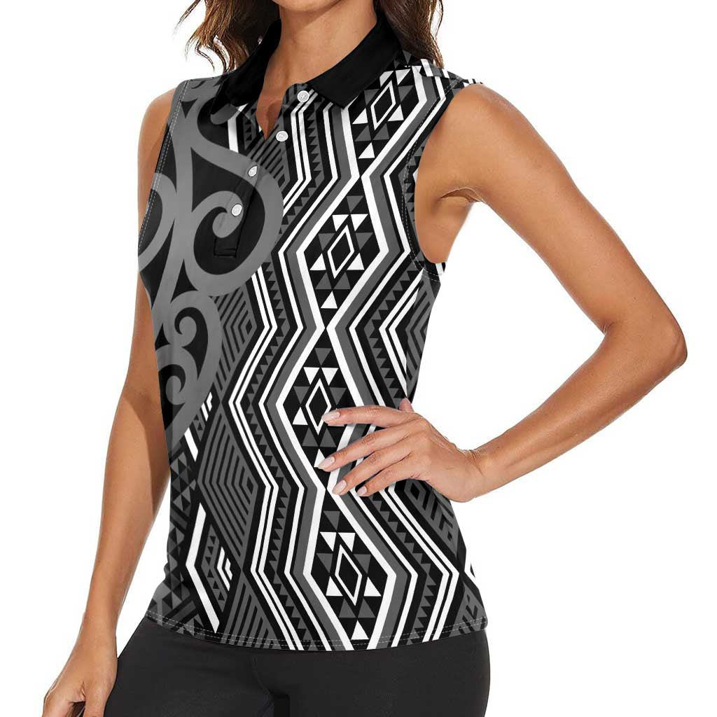 Maori Taniko Patterns Women Sleeveless Polo Shirt Black Patiki Motifs Mix Whakairo Ngaru