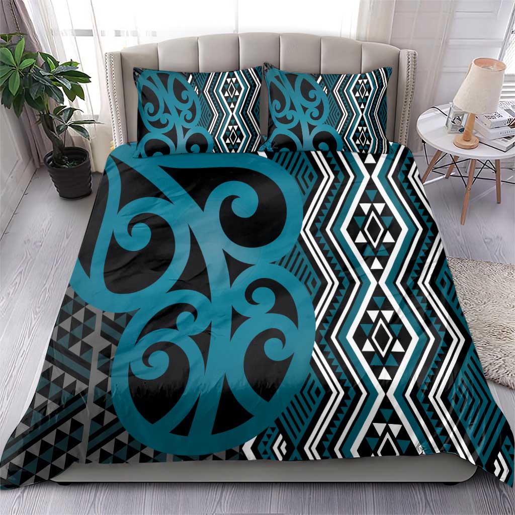 Maori Taniko Patterns Bedding Set Azure Patiki Motifs Mix Whakairo Ngaru