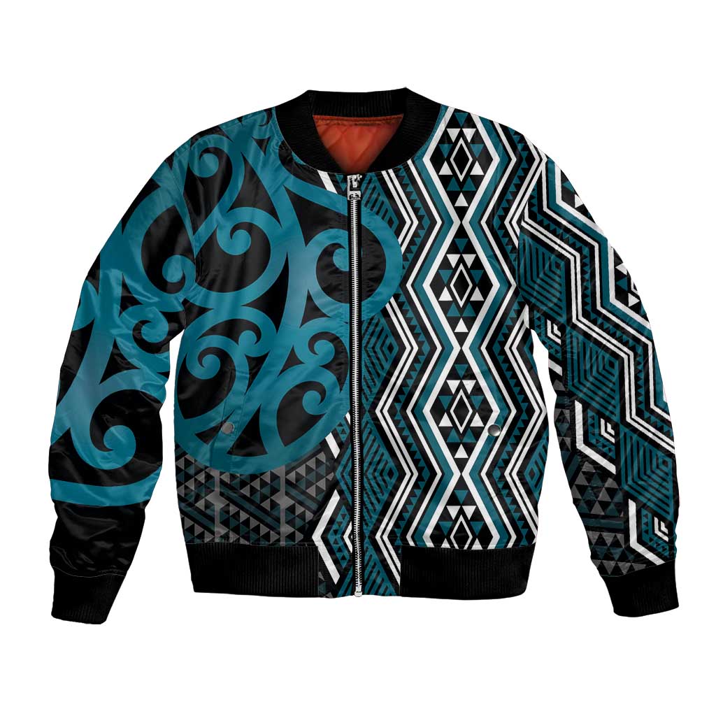Maori Taniko Patterns Bomber Jacket Azure Patiki Motifs Mix Whakairo Ngaru