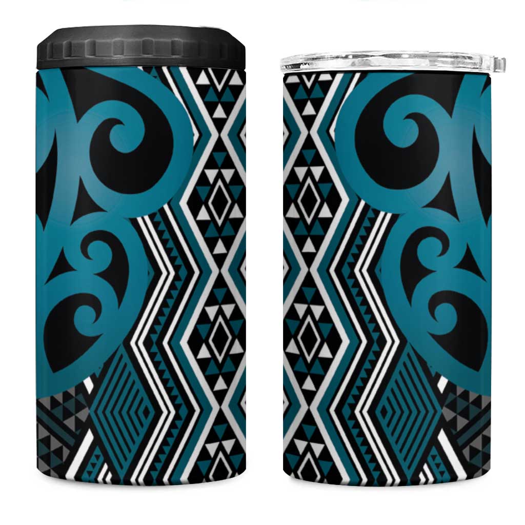 Maori Taniko Patterns 4 in 1 Can Cooler Tumbler Azure Patiki Motifs Mix Whakairo Ngaru