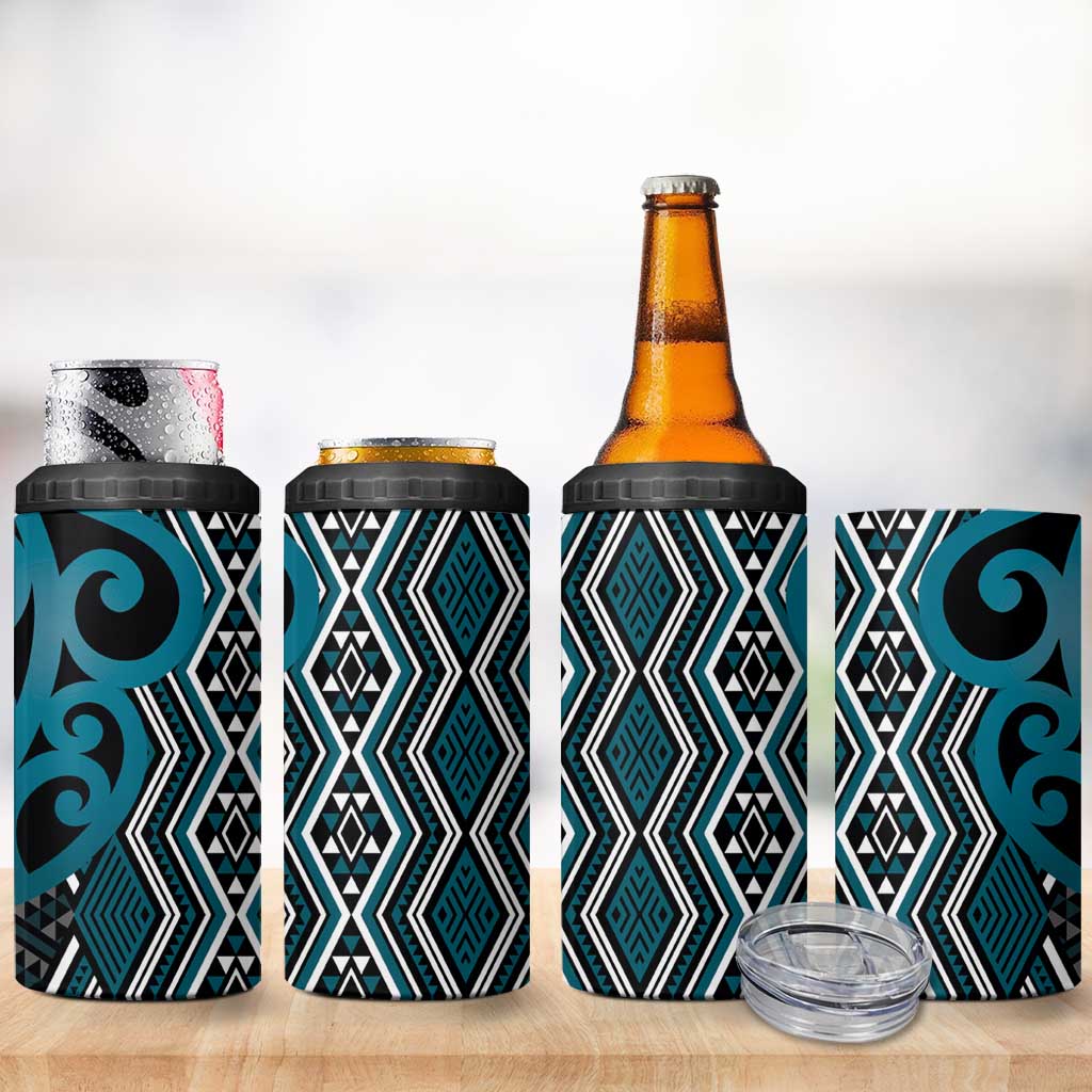 Maori Taniko Patterns 4 in 1 Can Cooler Tumbler Azure Patiki Motifs Mix Whakairo Ngaru