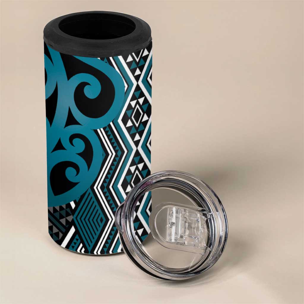 Maori Taniko Patterns 4 in 1 Can Cooler Tumbler Azure Patiki Motifs Mix Whakairo Ngaru