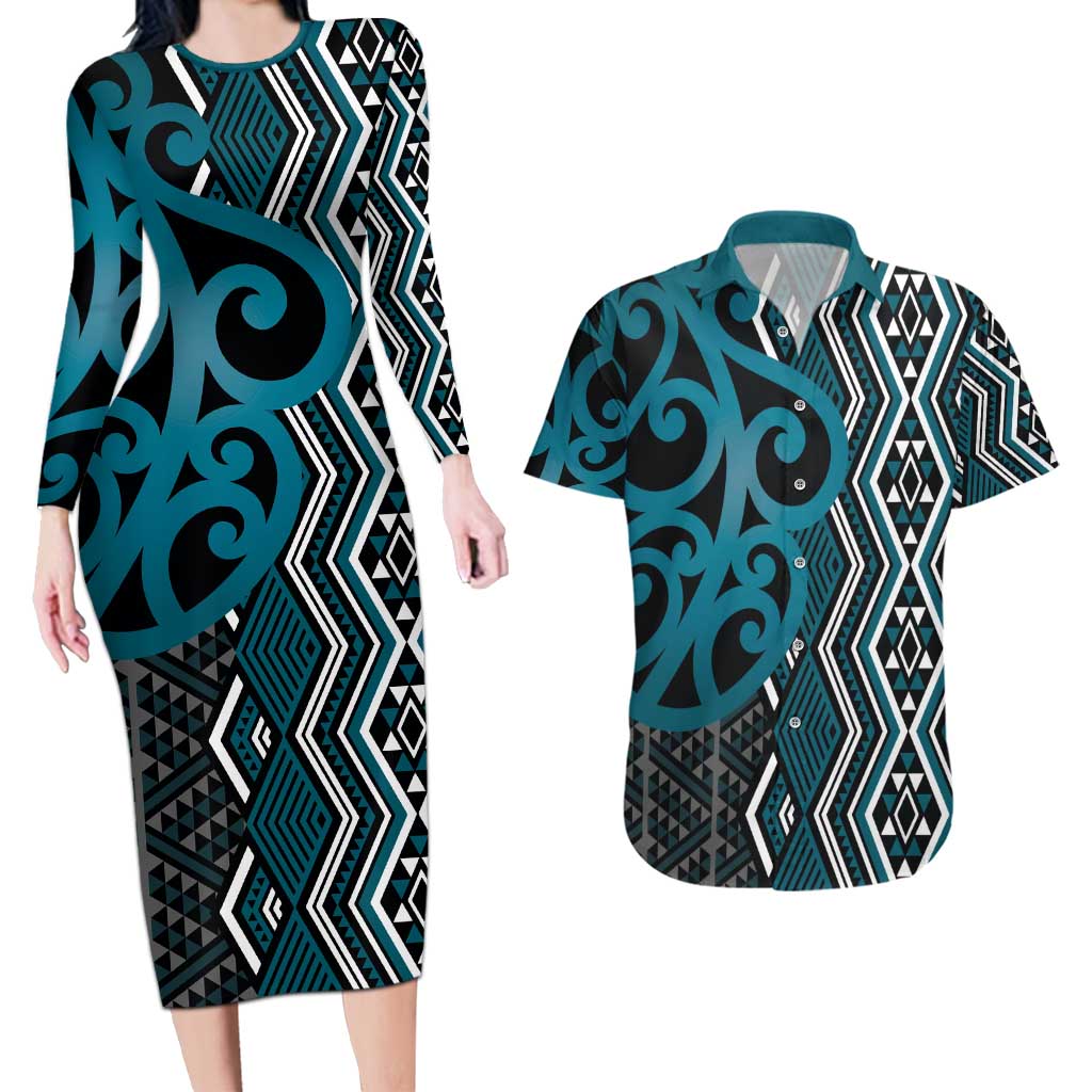Maori Taniko Patterns Couples Matching Long Sleeve Bodycon Dress and Hawaiian Shirt Azure Patiki Motifs Mix Whakairo Ngaru