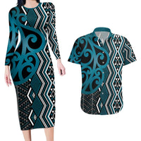 Maori Taniko Patterns Couples Matching Long Sleeve Bodycon Dress and Hawaiian Shirt Azure Patiki Motifs Mix Whakairo Ngaru