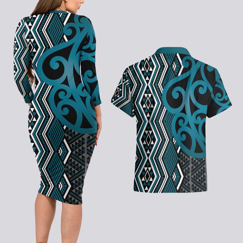 Maori Taniko Patterns Couples Matching Long Sleeve Bodycon Dress and Hawaiian Shirt Azure Patiki Motifs Mix Whakairo Ngaru