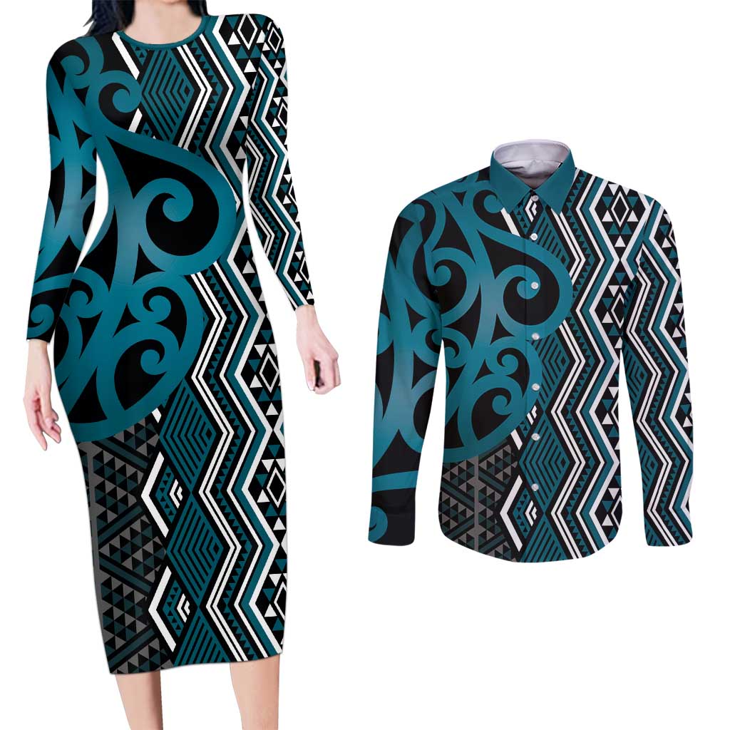 Maori Taniko Patterns Couples Matching Long Sleeve Bodycon Dress and Long Sleeve Button Shirt Azure Patiki Motifs Mix Whakairo Ngaru