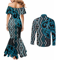 Maori Taniko Patterns Couples Matching Mermaid Dress and Long Sleeve Button Shirt Azure Patiki Motifs Mix Whakairo Ngaru