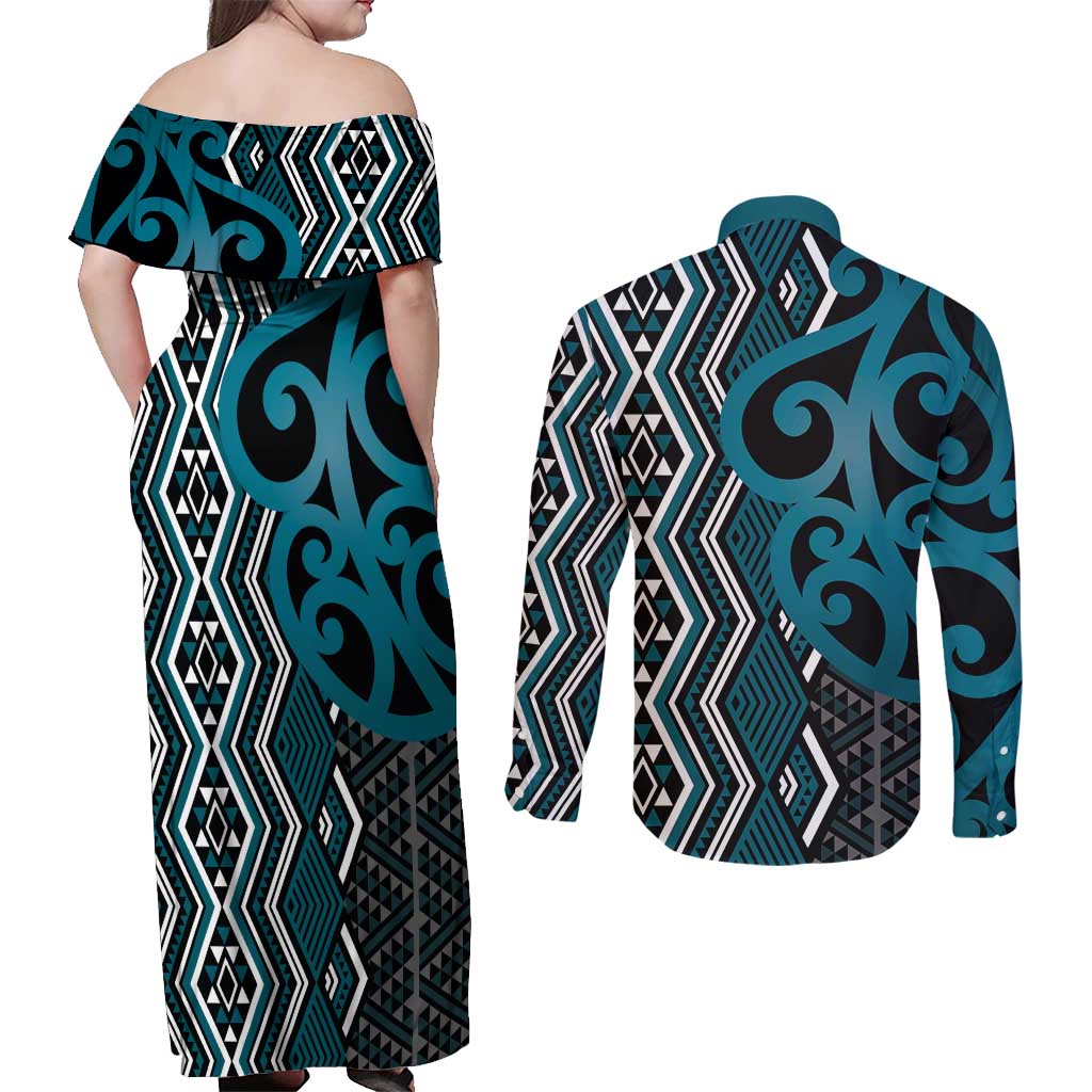 Maori Taniko Patterns Couples Matching Off Shoulder Maxi Dress and Long Sleeve Button Shirt Azure Patiki Motifs Mix Whakairo Ngaru