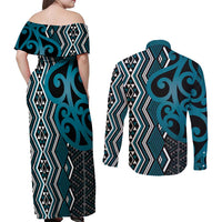 Maori Taniko Patterns Couples Matching Off Shoulder Maxi Dress and Long Sleeve Button Shirt Azure Patiki Motifs Mix Whakairo Ngaru