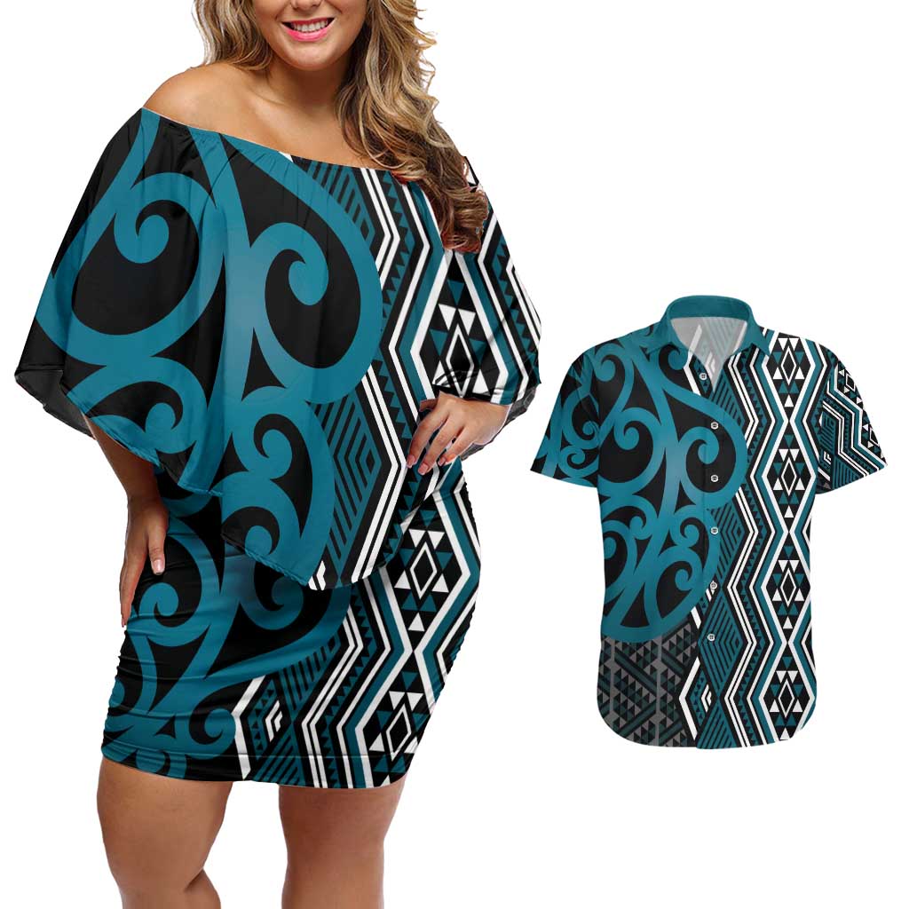 Maori Taniko Patterns Couples Matching Off Shoulder Short Dress and Hawaiian Shirt Azure Patiki Motifs Mix Whakairo Ngaru