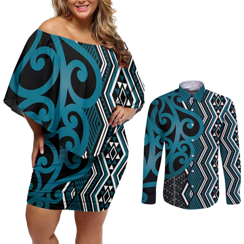 Maori Taniko Patterns Couples Matching Off Shoulder Short Dress and Long Sleeve Button Shirt Azure Patiki Motifs Mix Whakairo Ngaru