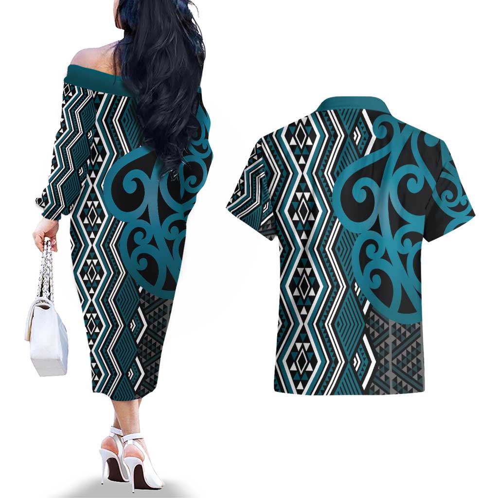 Maori Taniko Patterns Couples Matching Off The Shoulder Long Sleeve Dress and Hawaiian Shirt Azure Patiki Motifs Mix Whakairo Ngaru