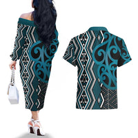 Maori Taniko Patterns Couples Matching Off The Shoulder Long Sleeve Dress and Hawaiian Shirt Azure Patiki Motifs Mix Whakairo Ngaru