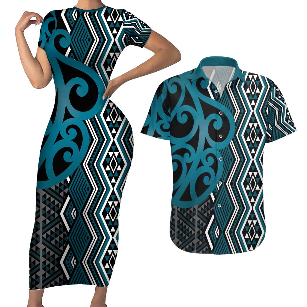 Maori Taniko Patterns Couples Matching Short Sleeve Bodycon Dress and Hawaiian Shirt Azure Patiki Motifs Mix Whakairo Ngaru
