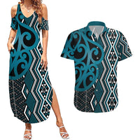 Maori Taniko Patterns Couples Matching Summer Maxi Dress and Hawaiian Shirt Azure Patiki Motifs Mix Whakairo Ngaru