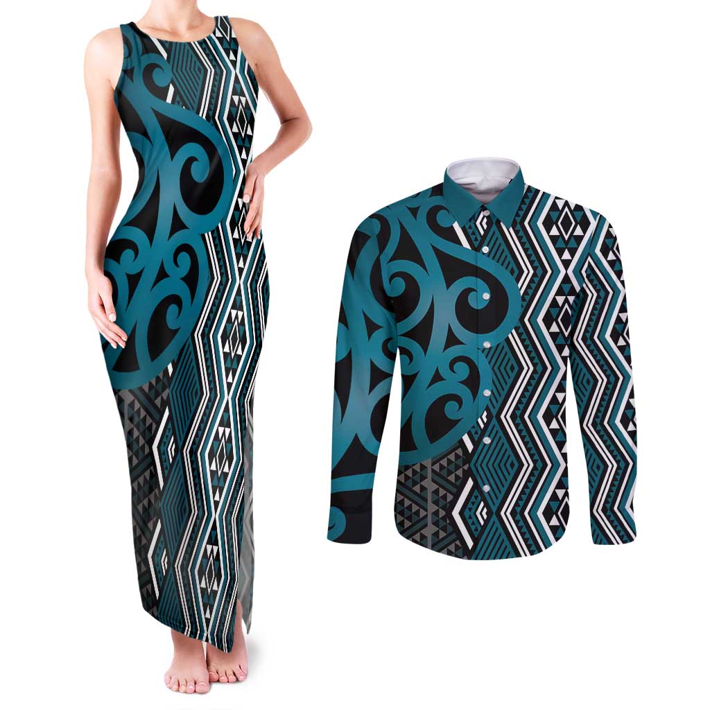 Maori Taniko Patterns Couples Matching Tank Maxi Dress and Long Sleeve Button Shirt Azure Patiki Motifs Mix Whakairo Ngaru