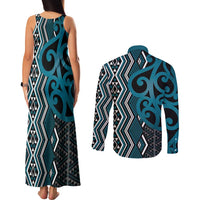Maori Taniko Patterns Couples Matching Tank Maxi Dress and Long Sleeve Button Shirt Azure Patiki Motifs Mix Whakairo Ngaru