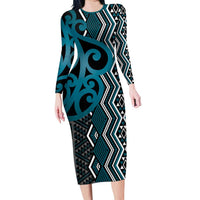 Maori Taniko Patterns Family Matching Long Sleeve Bodycon Dress and Hawaiian Shirt Azure Patiki Motifs Mix Whakairo Ngaru