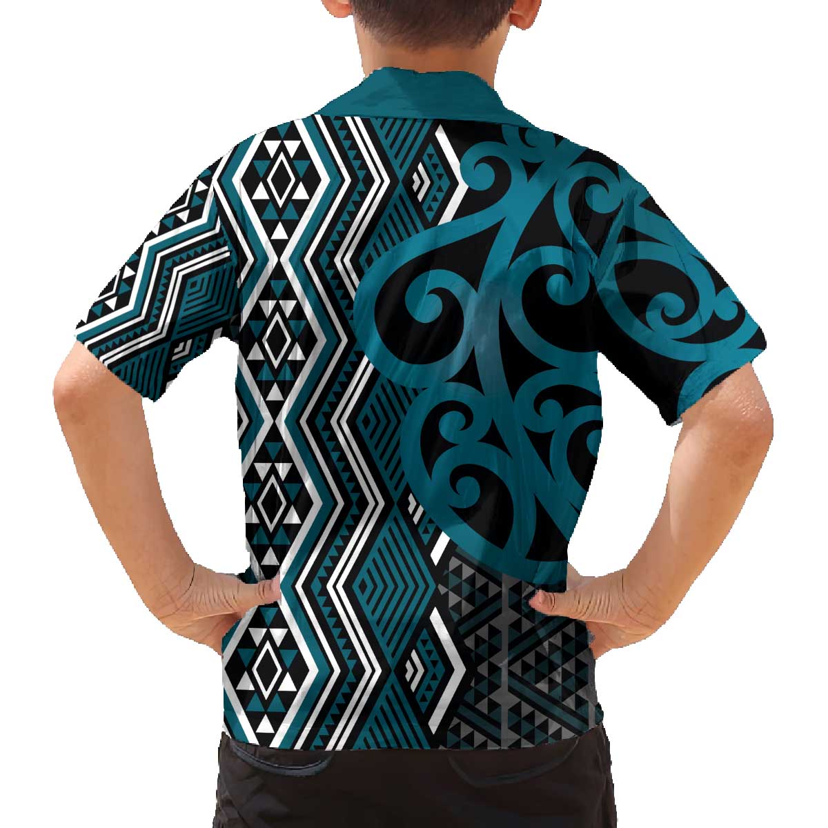 Maori Taniko Patterns Family Matching Off The Shoulder Long Sleeve Dress and Hawaiian Shirt Azure Patiki Motifs Mix Whakairo Ngaru