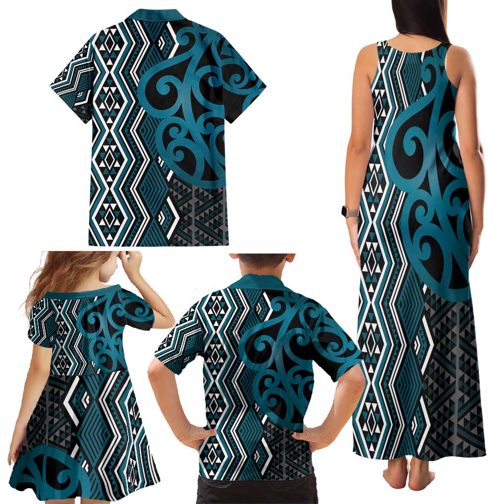 Maori Taniko Patterns Family Matching Tank Maxi Dress and Hawaiian Shirt Azure Patiki Motifs Mix Whakairo Ngaru