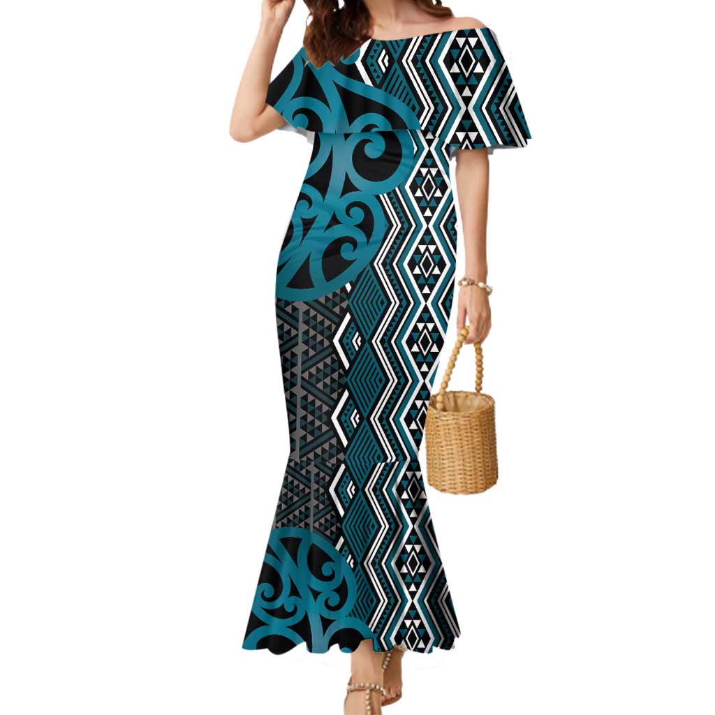 Maori Taniko Patterns Mermaid Dress Azure Patiki Motifs Mix Whakairo Ngaru