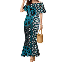 Maori Taniko Patterns Mermaid Dress Azure Patiki Motifs Mix Whakairo Ngaru