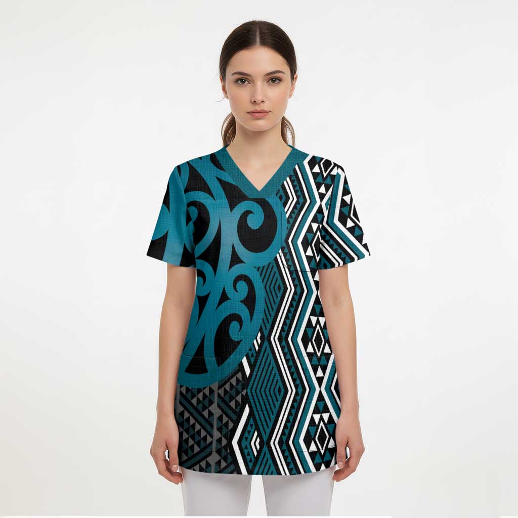 Maori Taniko Patterns Scrub Top Azure Patiki Motifs Mix Whakairo Ngaru - Polynesian Pride