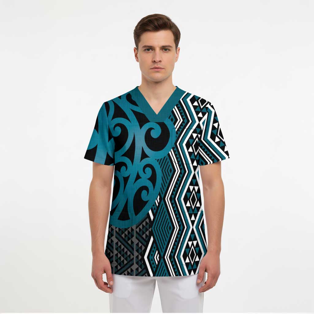 Maori Taniko Patterns Scrub Top Azure Patiki Motifs Mix Whakairo Ngaru - Polynesian Pride