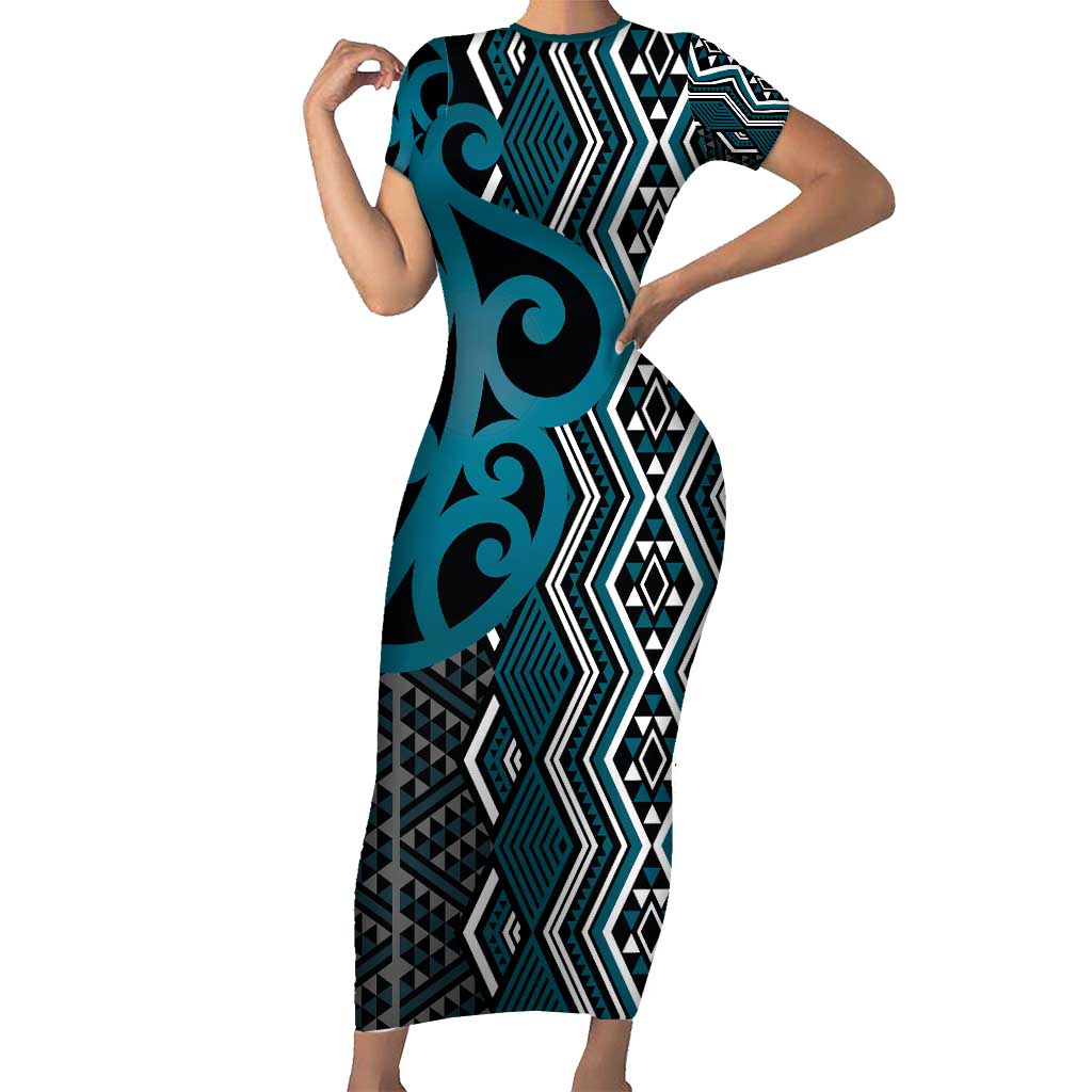 Maori Taniko Patterns Short Sleeve Bodycon Dress Azure Patiki Motifs Mix Whakairo Ngaru