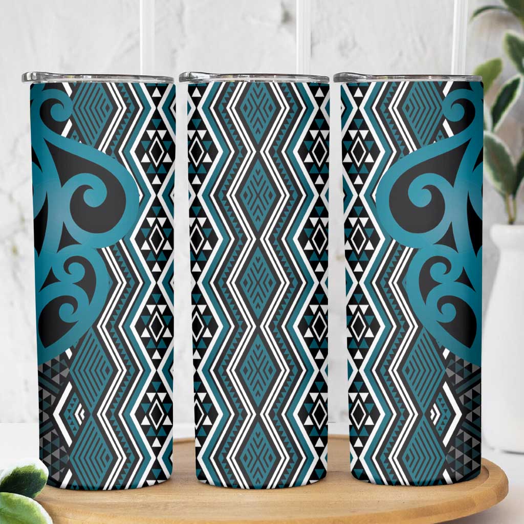 Maori Taniko Patterns Skinny Tumbler Azure Patiki Motifs Mix Whakairo Ngaru