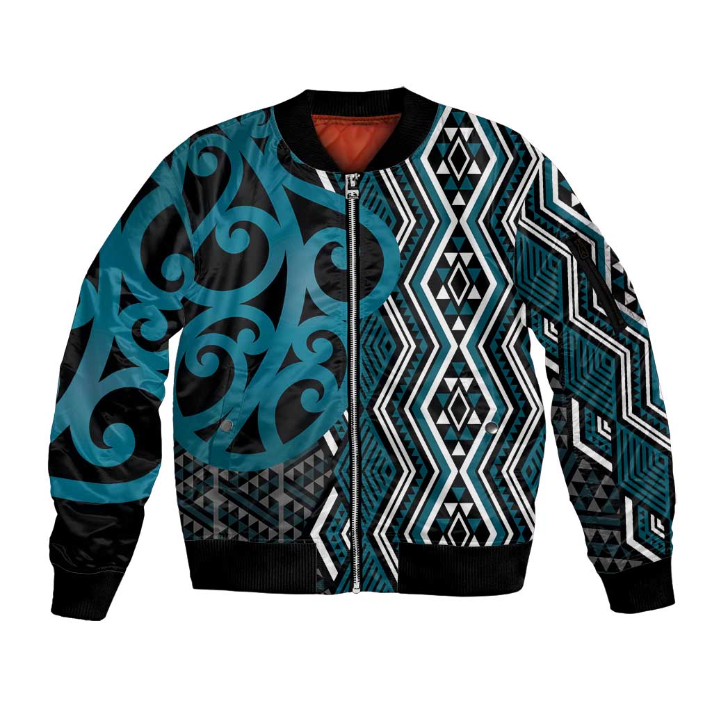 Maori Taniko Patterns Sleeve Zip Bomber Jacket Azure Patiki Motifs Mix Whakairo Ngaru