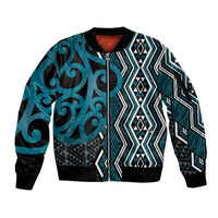 Maori Taniko Patterns Sleeve Zip Bomber Jacket Azure Patiki Motifs Mix Whakairo Ngaru