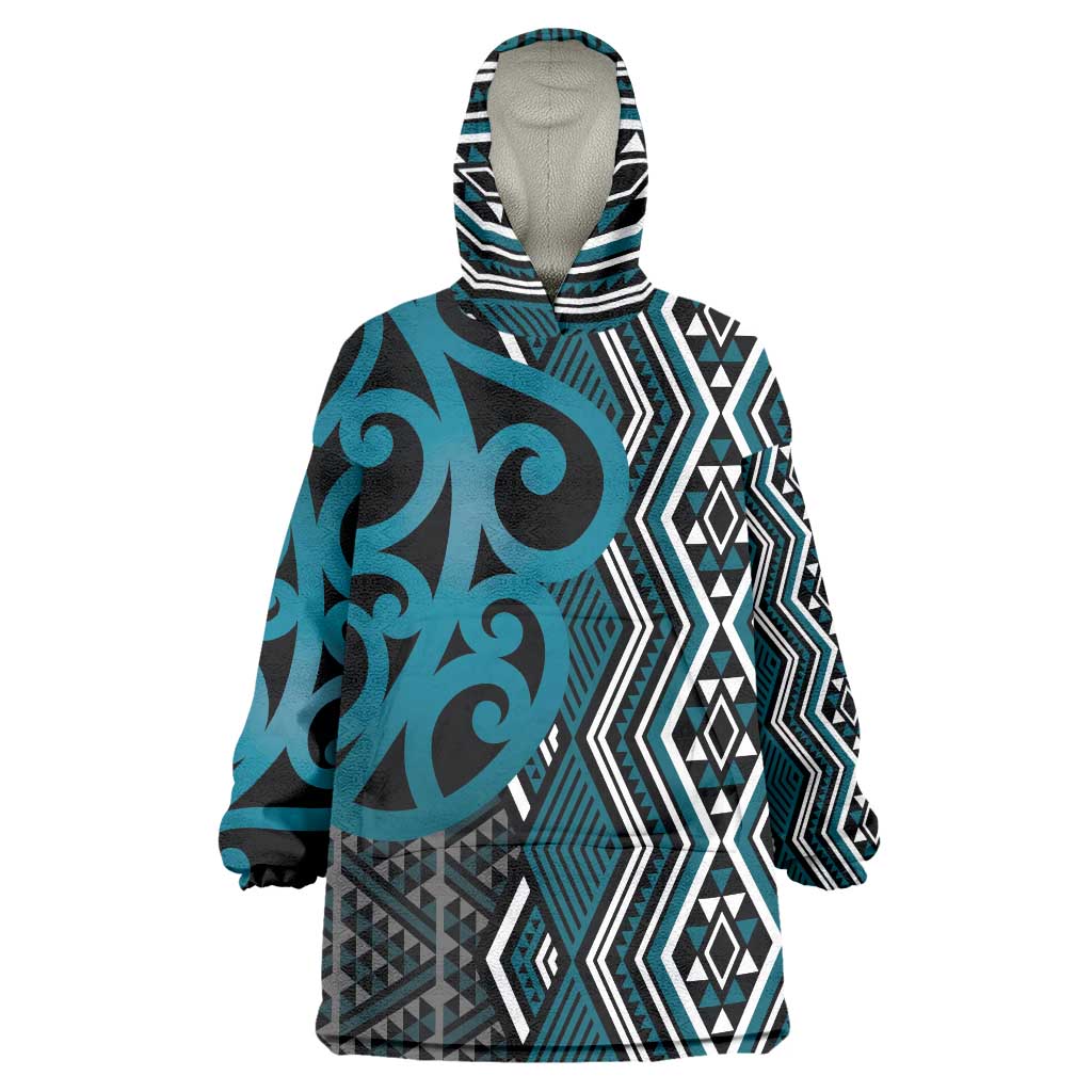 Maori Taniko Patterns Wearable Blanket Hoodie Azure Patiki Motifs Mix Whakairo Ngaru