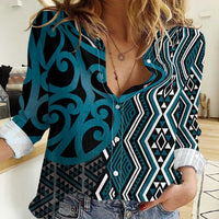 Maori Taniko Patterns Women Casual Shirt Azure Patiki Motifs Mix Whakairo Ngaru