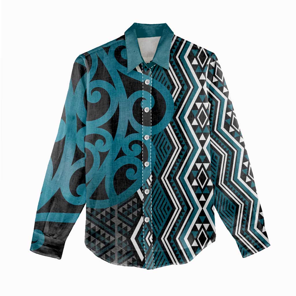 Maori Taniko Patterns Women Casual Shirt Azure Patiki Motifs Mix Whakairo Ngaru