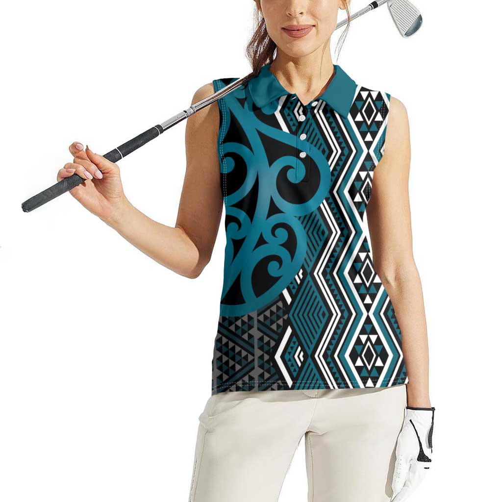 Maori Taniko Patterns Women Sleeveless Polo Shirt Azure Patiki Motifs Mix Whakairo Ngaru