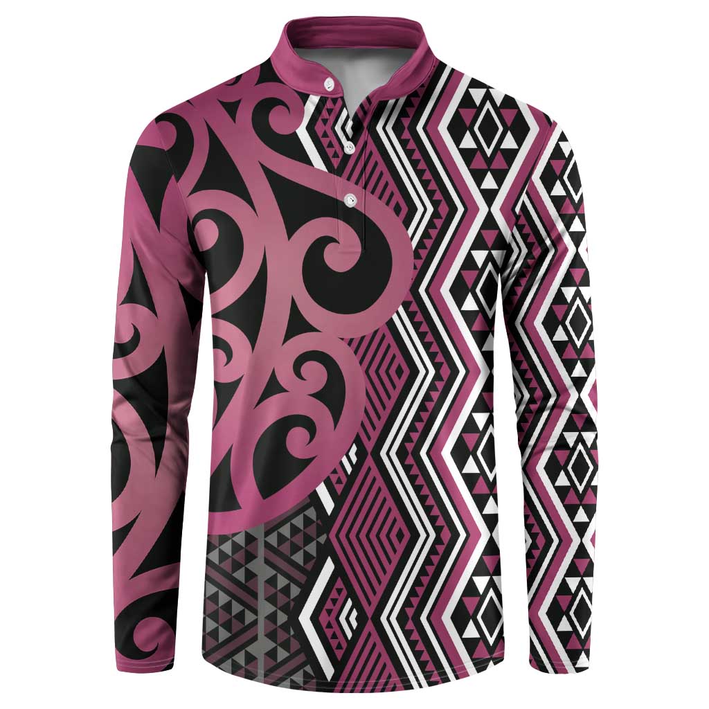 Maori Taniko Patterns Button Sweatshirt Pink Patiki Motifs Mix Whakairo Ngaru