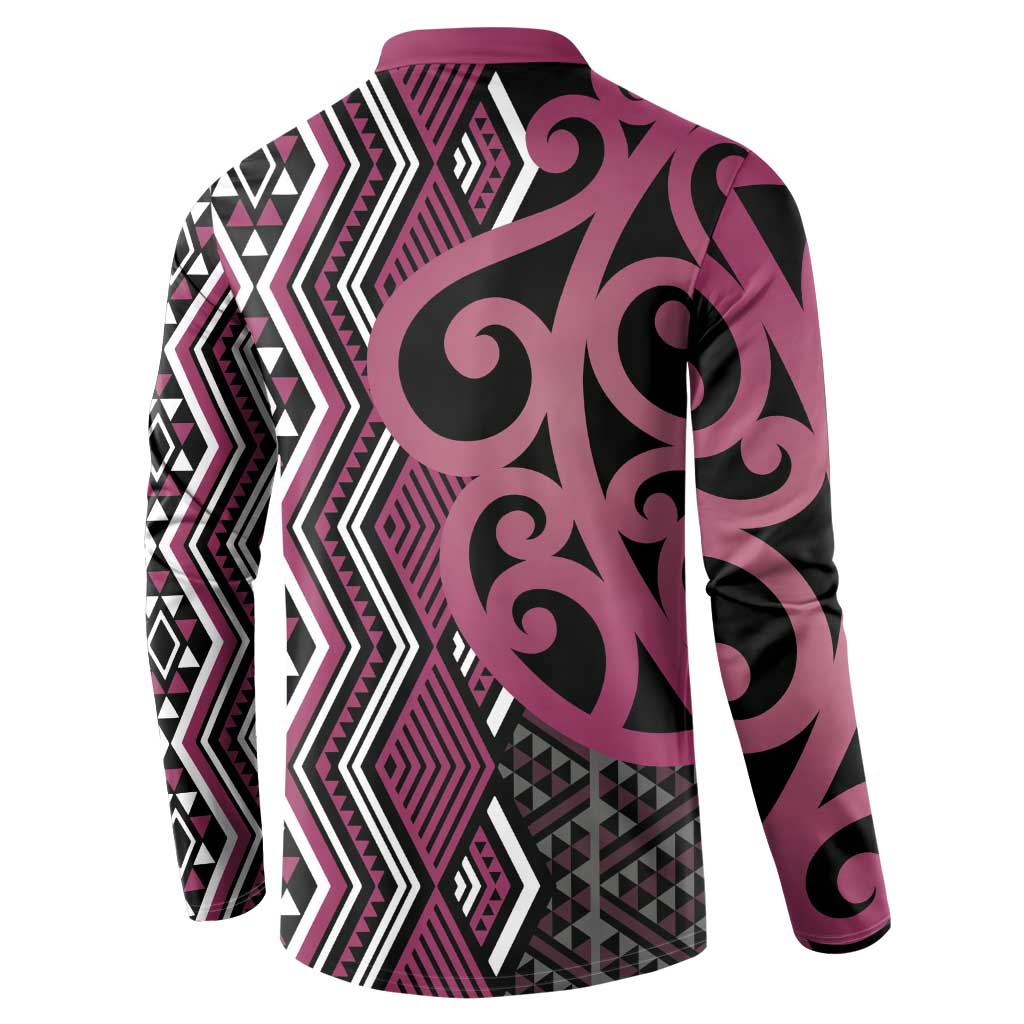 Maori Taniko Patterns Button Sweatshirt Pink Patiki Motifs Mix Whakairo Ngaru