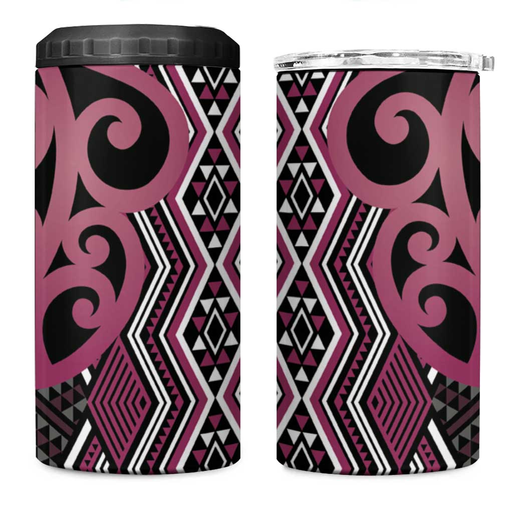 Maori Taniko Patterns 4 in 1 Can Cooler Tumbler Pink Patiki Motifs Mix Whakairo Ngaru