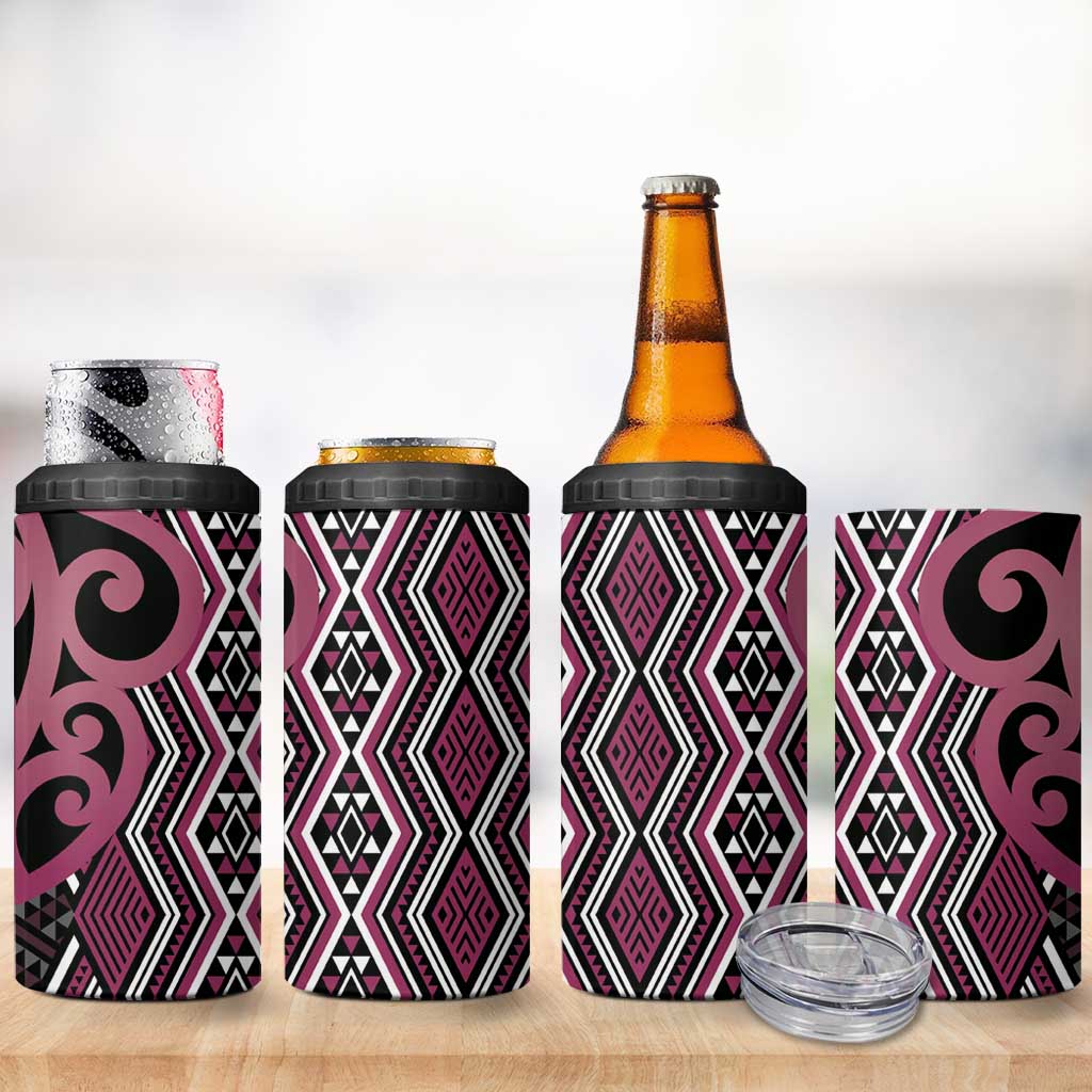 Maori Taniko Patterns 4 in 1 Can Cooler Tumbler Pink Patiki Motifs Mix Whakairo Ngaru