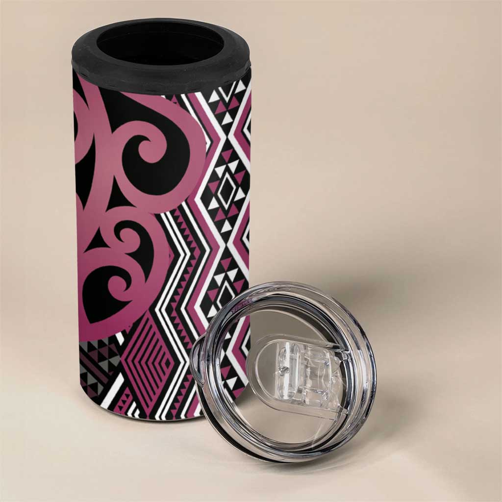 Maori Taniko Patterns 4 in 1 Can Cooler Tumbler Pink Patiki Motifs Mix Whakairo Ngaru