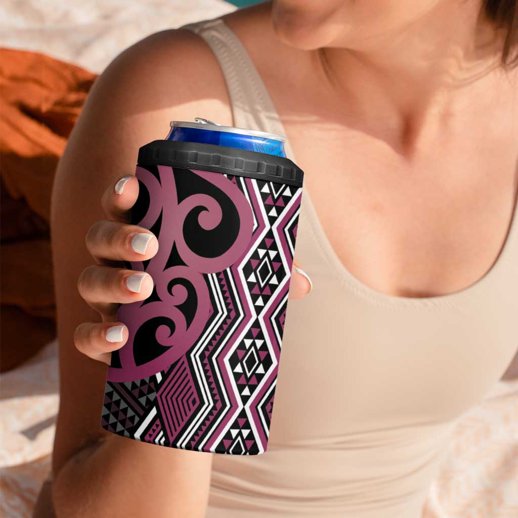 Maori Taniko Patterns 4 in 1 Can Cooler Tumbler Pink Patiki Motifs Mix Whakairo Ngaru