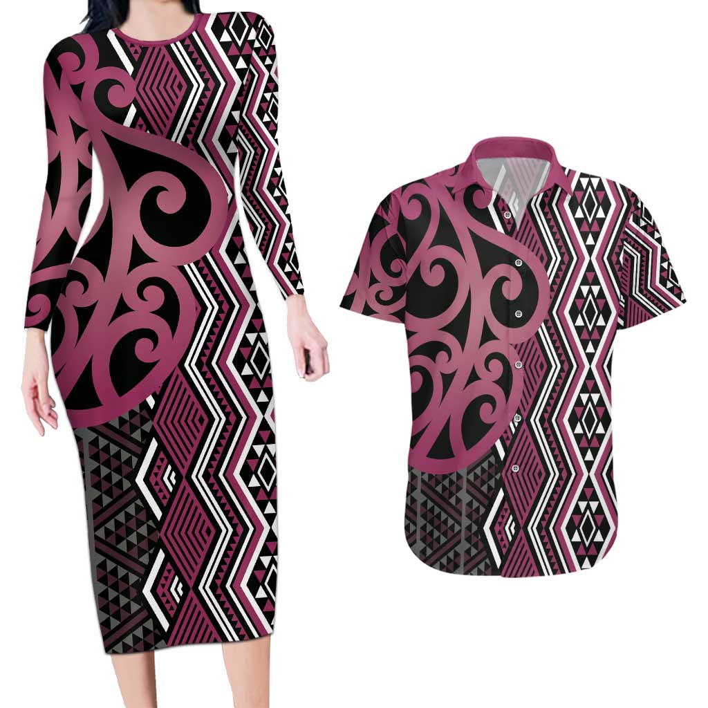 Maori Taniko Patterns Couples Matching Long Sleeve Bodycon Dress and Hawaiian Shirt Pink Patiki Motifs Mix Whakairo Ngaru