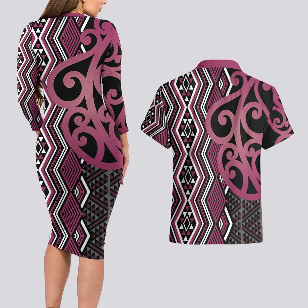 Maori Taniko Patterns Couples Matching Long Sleeve Bodycon Dress and Hawaiian Shirt Pink Patiki Motifs Mix Whakairo Ngaru