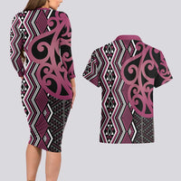 Maori Taniko Patterns Couples Matching Long Sleeve Bodycon Dress and Hawaiian Shirt Pink Patiki Motifs Mix Whakairo Ngaru