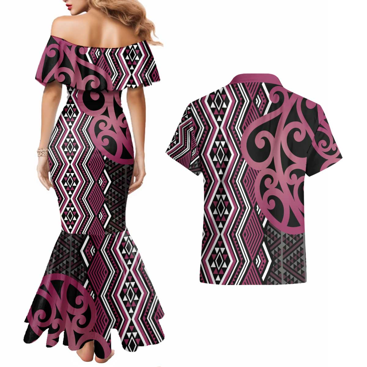 Maori Taniko Patterns Couples Matching Mermaid Dress and Hawaiian Shirt Pink Patiki Motifs Mix Whakairo Ngaru