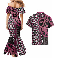 Maori Taniko Patterns Couples Matching Mermaid Dress and Hawaiian Shirt Pink Patiki Motifs Mix Whakairo Ngaru